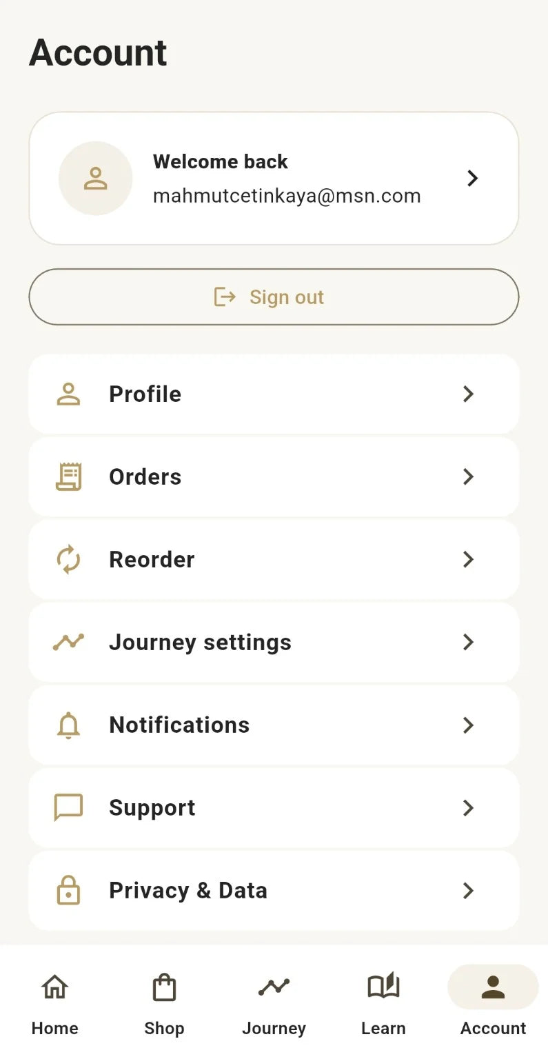 ELIZNA App Account screen